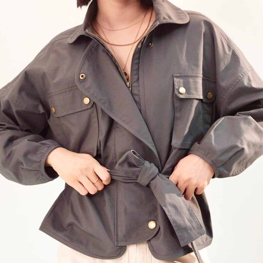 Anthropologie Mare Mare Puff Sleeve Cropped Utility Jacket in Gray Size S